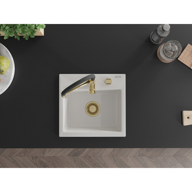 Mexen Milo évier en granit 1 bac avec robinet de cuisine Aster, blanc - 6505-20-73450-57-G