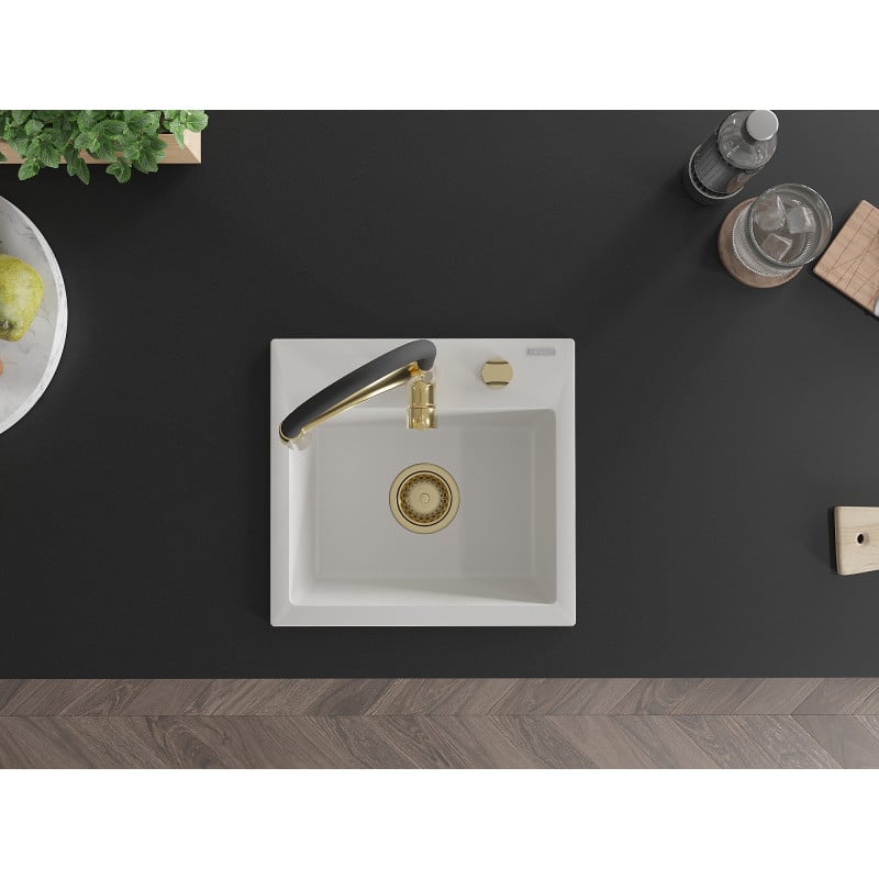 Mexen Milo évier en granit à 1 bac avec robinet de cuisine Aster, blanc - 6505-20-73450-57-G
