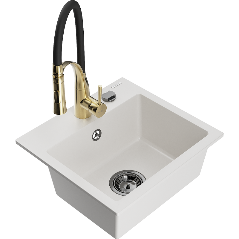 Mexen Milo évier en granit 1-cuve mitigeur de cuisine Aster, blanc - 6505-20-73450-57-B