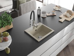 Mexen Milo évier en granit à 1 bac avec robinet de cuisine Aster, beige - 6505-69-73450-07