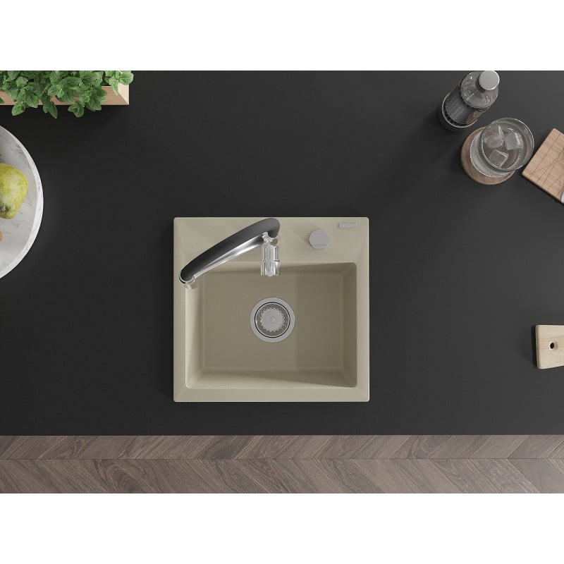 Mexen Milo évier en granit à 1 bac avec robinet de cuisine Aster, beige - 6505-69-73450-07