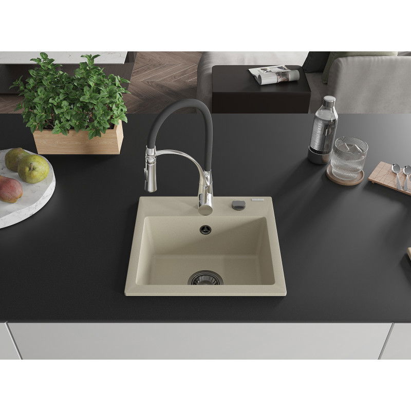 Mexen Milo évier en granit 1 bac avec robinet de cuisine Aster, beige - 6505-69-73450-07-B