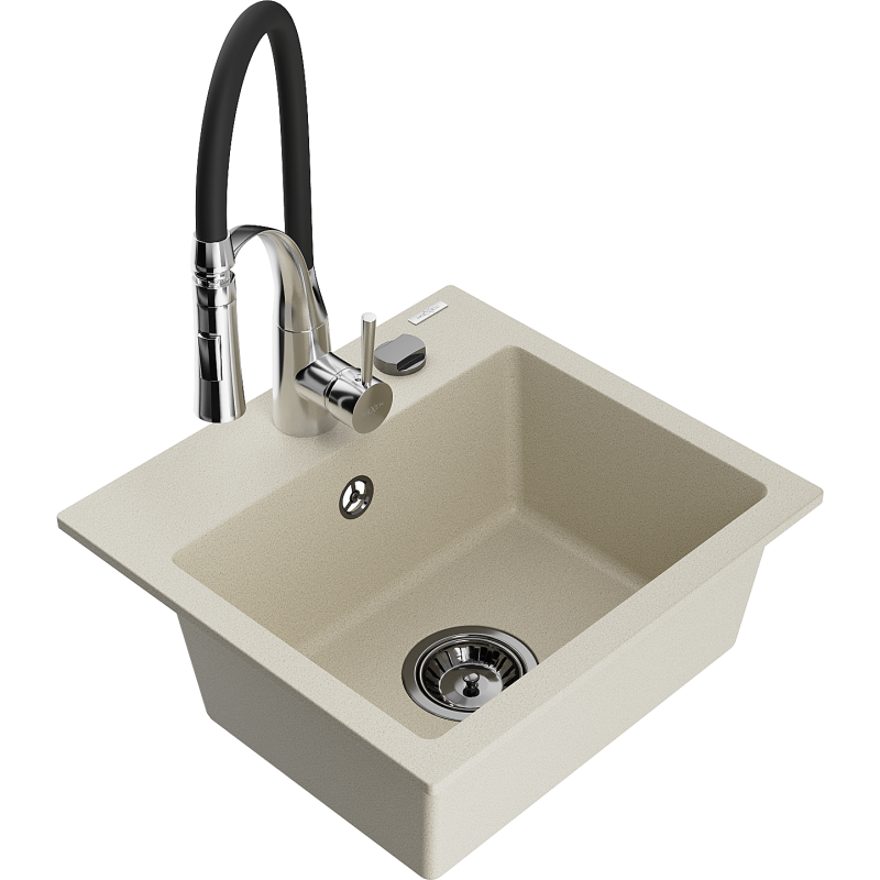Mexen Milo évier en granit 1 bac avec robinet de cuisine Aster, beige - 6505-69-73450-07-B