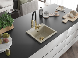 Mexen Milo évier en granit 1 bac avec robinet de cuisine Aster, beige - 6505-69-73450-57-G