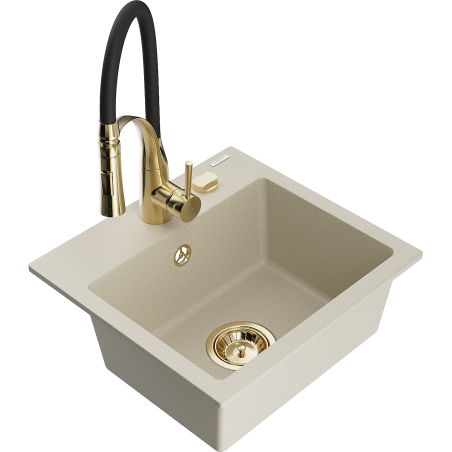Mexen Milo évier en granit 1 bac avec robinet de cuisine Aster, beige - 6505-69-73450-57-G