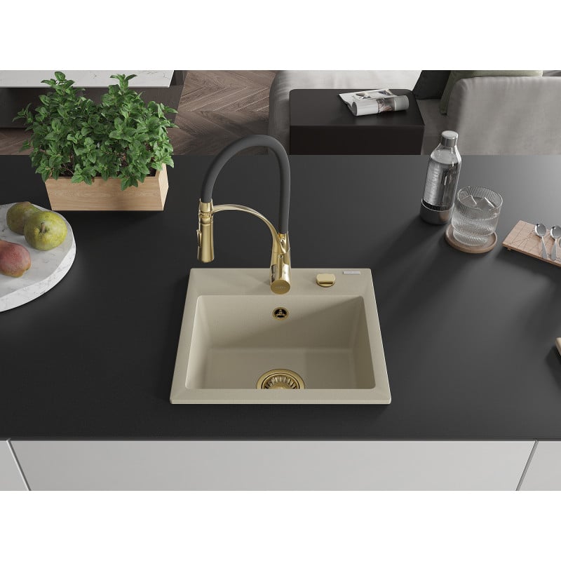 Mexen Milo évier en granit à 1 bac avec robinet de cuisine Aster, beige - 6505-69-73450-57-G