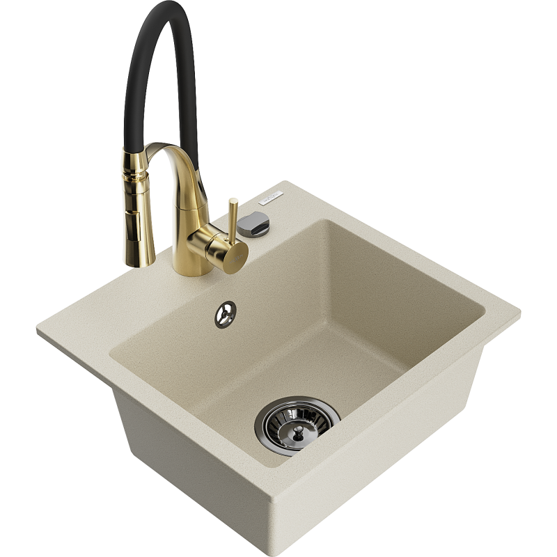 Mexen Milo évier en granit 1 bac avec robinet de cuisine Aster, beige - 6505-69-73450-57-B