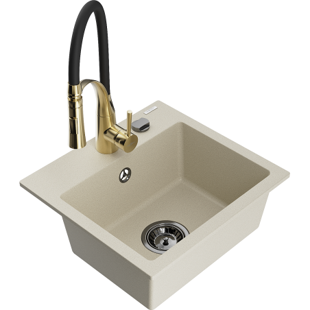 Mexen Milo évier en granit 1 bac avec robinet de cuisine Aster, beige - 6505-69-73450-57-B