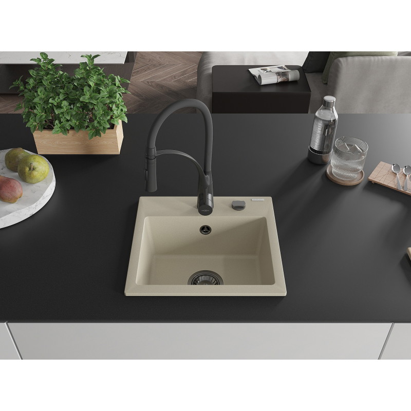 Mexen Milo évier en granit 1 bac avec mitigeur de cuisine Aster, beige - 6505-69-73450-70-B