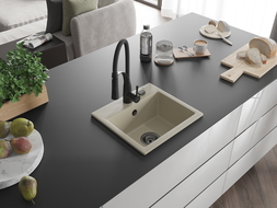 Mexen Milo évier en granit 1 bac avec robinet de cuisine Aster, beige - 6505-69-73450-70-B