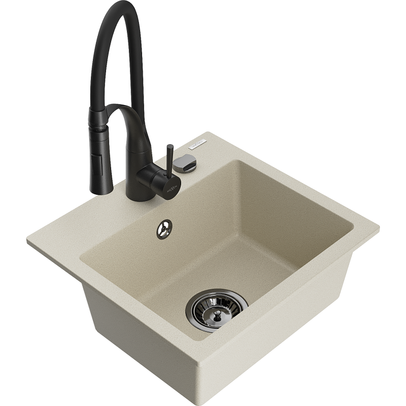 Mexen Milo évier en granit 1 bac avec robinet de cuisine Aster, beige - 6505-69-73450-70-B