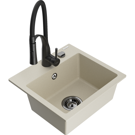 Mexen Milo évier en granit 1 bac avec robinet de cuisine Aster, beige - 6505-69-73450-70-B