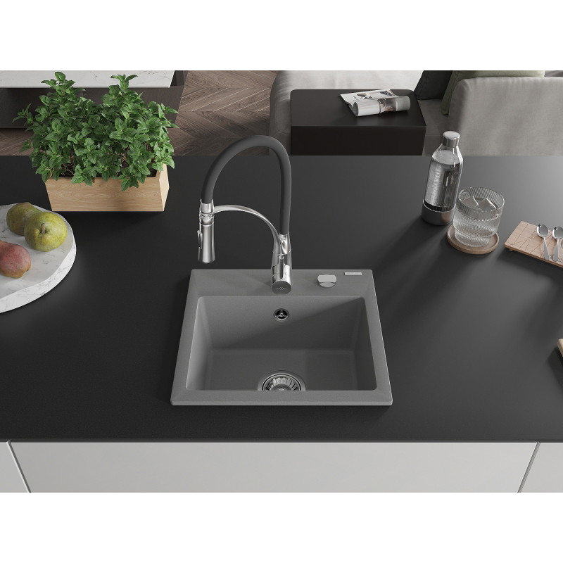 Mexen Milo Évier en granit 1 bac avec robinet de cuisine Aster, gris - 6505-71-73450-07