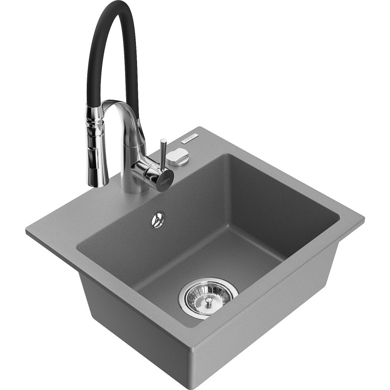 Mexen Milo Évier en granit 1 bac avec robinet de cuisine Aster, gris - 6505-71-73450-07