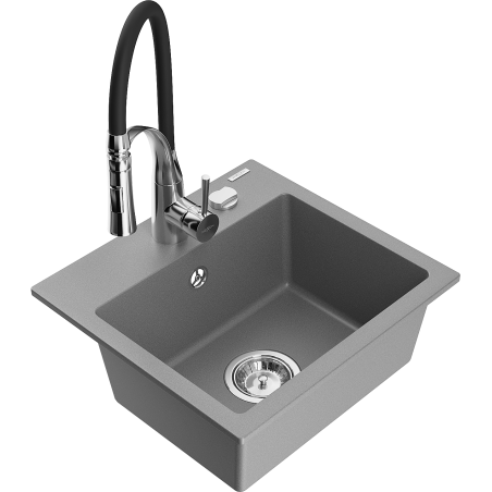Mexen Milo Évier en granit 1 bac avec robinet de cuisine Aster, gris - 6505-71-73450-07