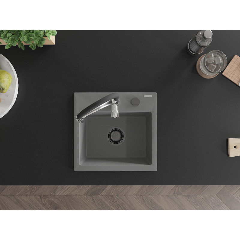 Mexen Milo évier en granit 1 bac avec robinet de cuisine Aster, gris - 6505-71-73450-07-B