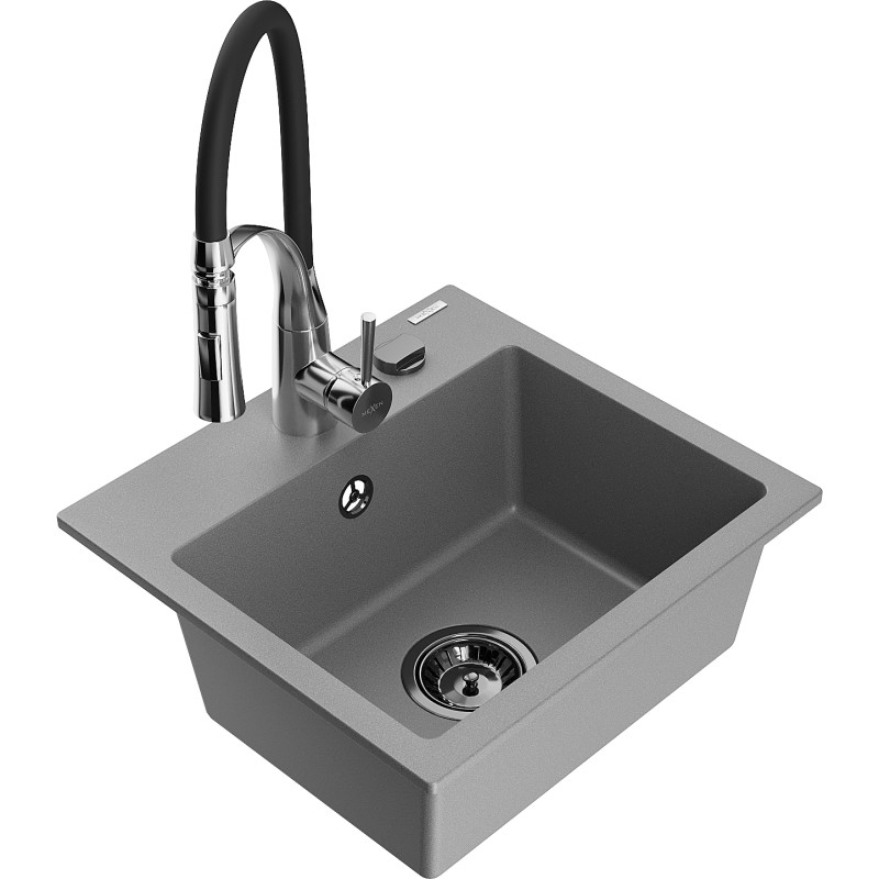 Mexen Milo évier en granit à 1 bac avec robinet de cuisine Aster, gris - 6505-71-73450-07-B