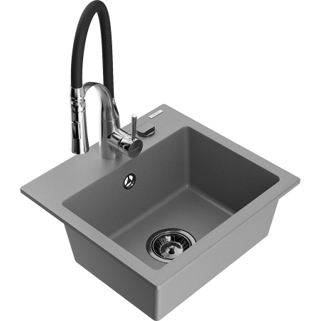 Mexen Milo évier en granit 1-bac avec robinet de cuisine Aster, gris - 6505-71-73450-07-B