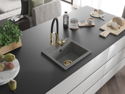 Mexen Milo évier en granit 1 bac avec robinet de cuisine Aster, gris - 6505-71-73450-57-G