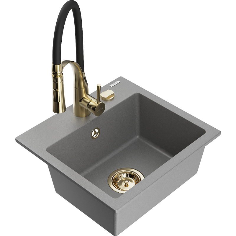Mexen Milo évier en granit 1 bac avec robinet de cuisine Aster, gris - 6505-71-73450-57-G