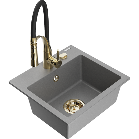 Mexen Milo évier en granit 1 bac avec robinet de cuisine Aster, gris - 6505-71-73450-57-G