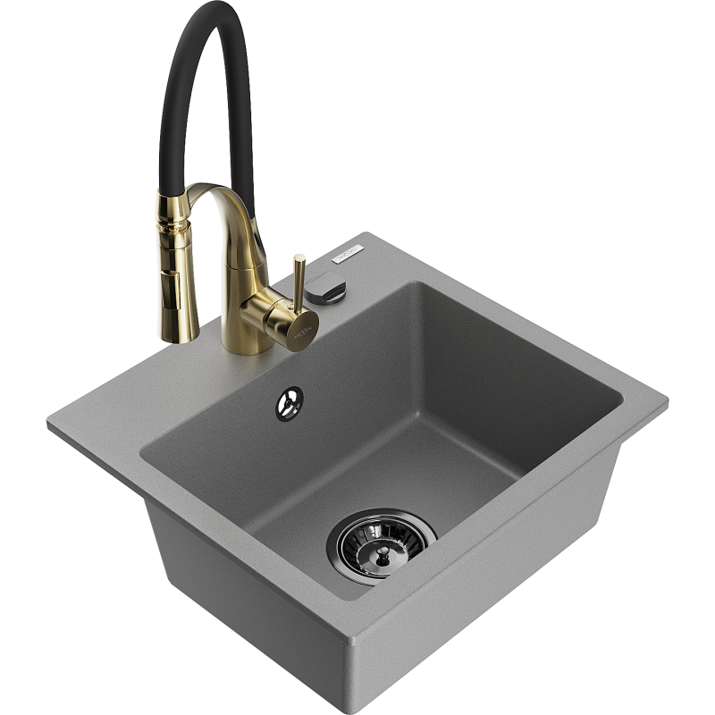 Mexen Milo évier de cuisine en granit 1 bac avec robinet Aster, gris - 6505-71-73450-57-B