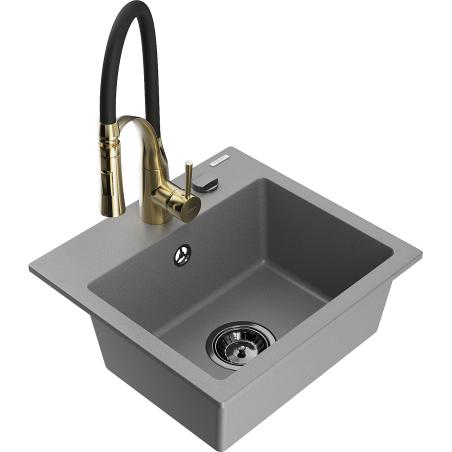 Mexen Milo évier en granit 1 bac avec robinet de cuisine Aster, gris - 6505-71-73450-57-B