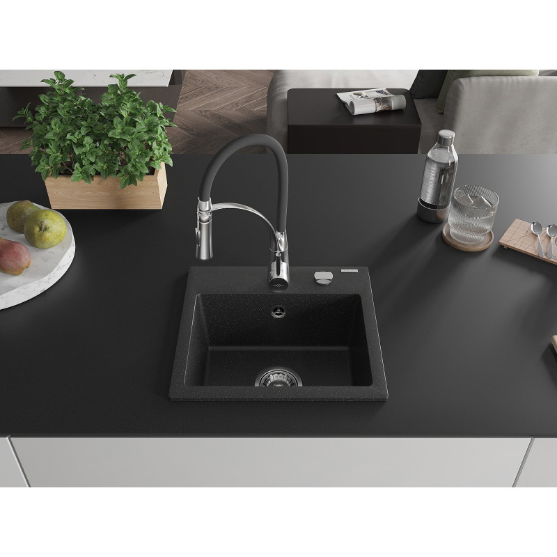 Mexen Milo évier en granit 1 bac avec mitigeur de cuisine Aster, noir / métal argenté - 6505-73-73450-07
