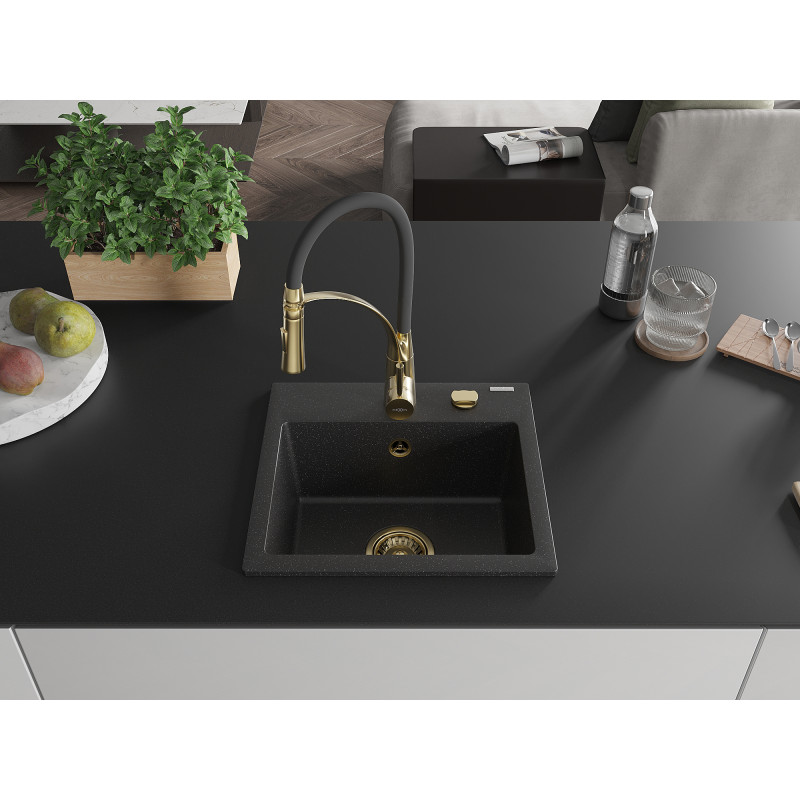 Mexen Milo évier en granit 1 bac avec robinet de cuisine Aster, noir/argent métallisé - 6505-73-73450-57-G