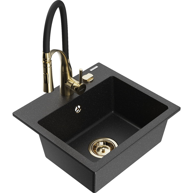 Mexen Milo évier en granit 1-bassin avec robinet de cuisine Aster, noir/argent métallisé - 6505-73-73450-57-G