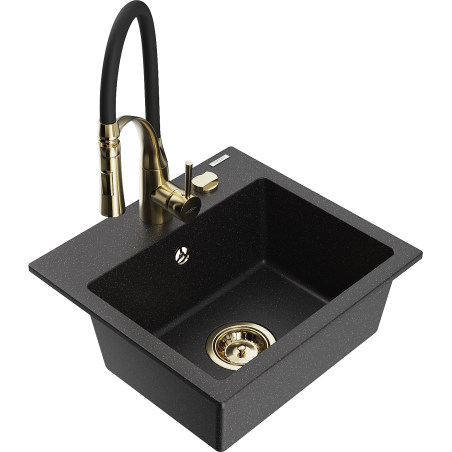 Mexen Milo évier en granit 1-bassin avec robinet de cuisine Aster, noir/argent métallisé - 6505-73-73450-57-G
