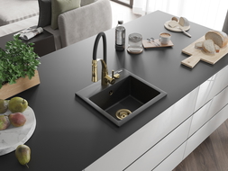 Mexen Milo évier en granit 1 bac avec robinet de cuisine Aster, noir/argent métallisé - 6505-73-73450-57-G