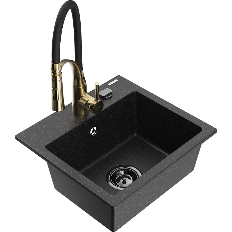 Mexen Milo évier en granit 1 bac avec robinet de cuisine Aster, noir/métal argenté - 6505-73-73450-57-B