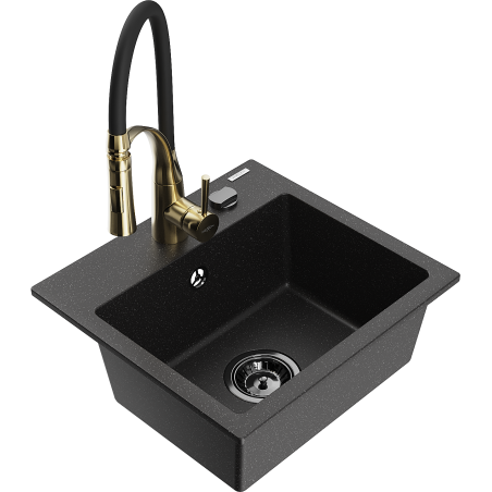 Mexen Milo évier en granit 1 bac avec robinet de cuisine Aster, noir/métal argenté - 6505-73-73450-57-B