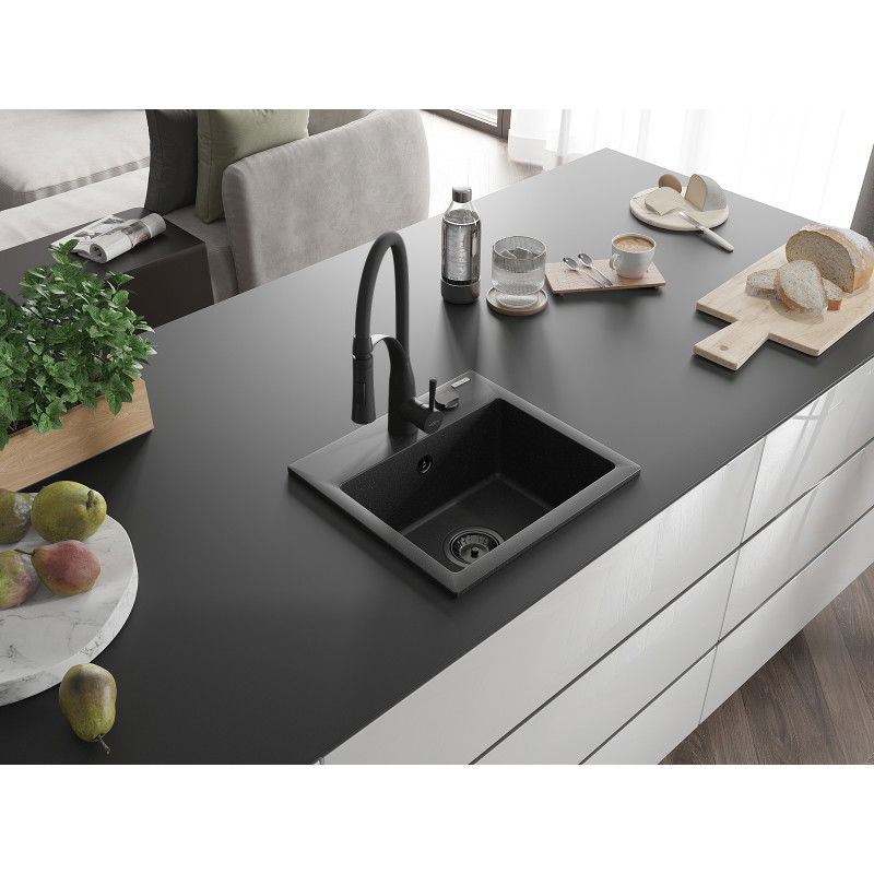 Mexen Milo évier en granit 1 bac avec robinet de cuisine Aster, noir/argent métallisé - 6505-73-73450-70-B