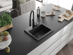 Mexen Milo évier en granit 1 bac avec robinet de cuisine Aster, noir/métallique argenté - 6505-73-73450-70-B
