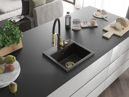 Mexen Milo évier en granit 1 bac avec robinet de cuisine Aster, noir/or métallique - 6505-75-73450-57-G