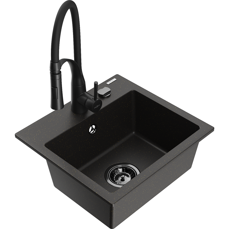 Mexen Milo évier en granit 1 bac avec robinet de cuisine Aster, noir/or métallique - 6505-75-73450-70-B