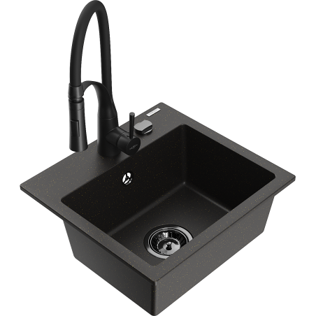 Mexen Milo évier 1-cuvette en granit avec robinet de cuisine Aster, noir/doré métallisé - 6505-75-73450-70-B