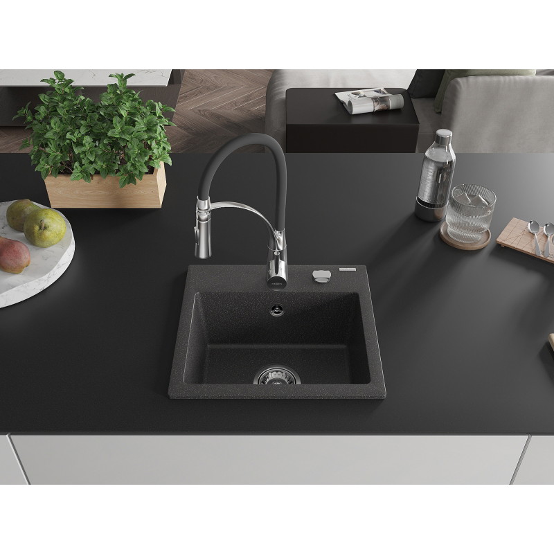 Mexen Milo évier en granit 1 bac avec robinet de cuisine Aster, noir moucheté - 6505-76-73450-07