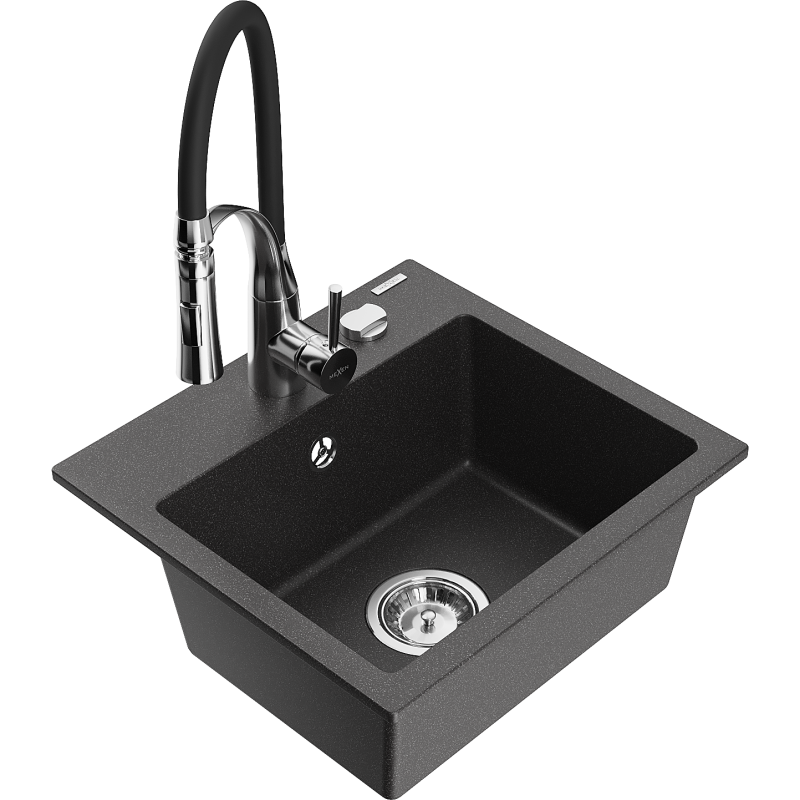 Mexen Milo évier de cuisine en granit 1-bassin avec robinet Aster, noir moucheté - 6505-76-73450-07