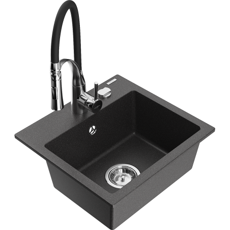 Mexen Milo évier de cuisine en granit 1-bassin avec robinet Aster, noir moucheté - 6505-76-73450-07