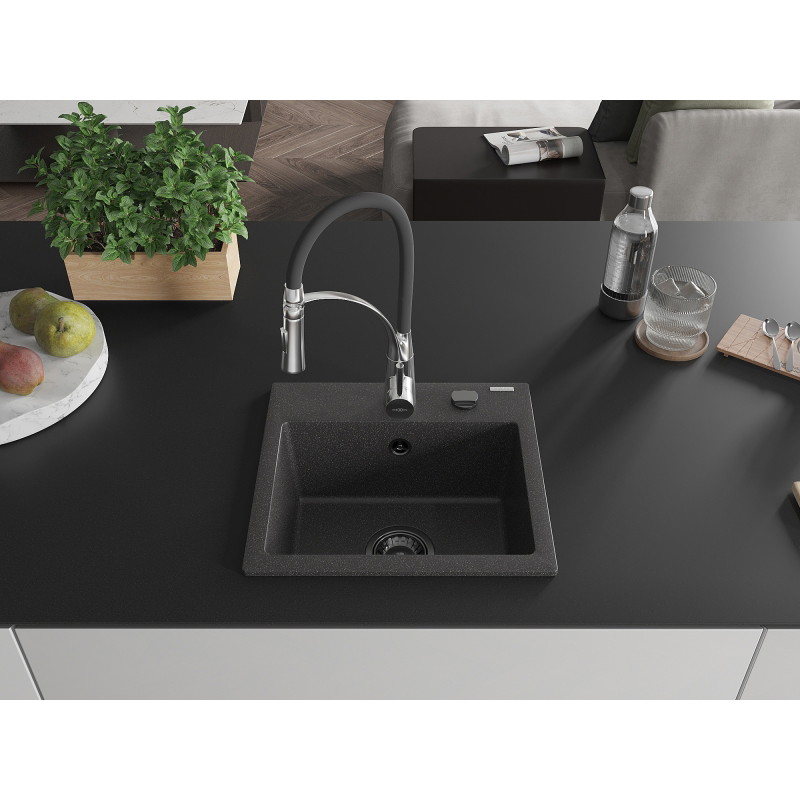 Mexen Milo Évier en granit 1 bac avec robinet de cuisine Aster, noir moucheté - 6505-76-73450-07-B