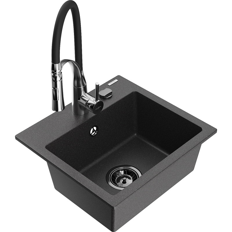 Mexen Milo Évier en granit 1 bac avec robinet de cuisine Aster, noir moucheté - 6505-76-73450-07-B