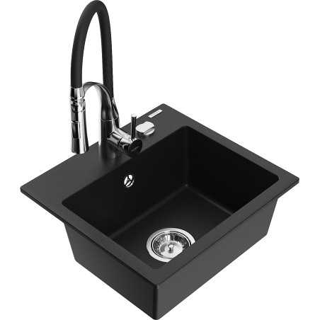 Mexen Milo évier en granit 1 bac avec robinet de cuisine Aster, noir - 6505-77-73450-07
