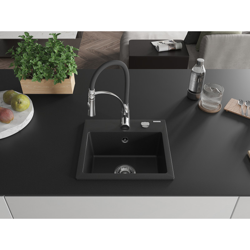 Mexen Milo évier en granit 1 bac avec robinet de cuisine Aster, noir - 6505-77-73450-07