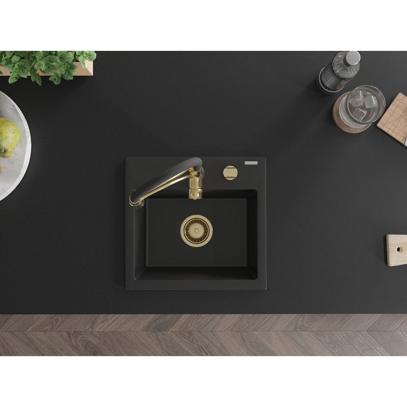 Mexen Milo évier en granit à 1 bac avec robinet de cuisine Aster, noir - 6505-77-73450-57-G