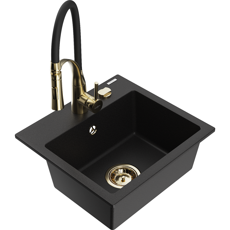 Mexen Milo évier en granit 1 bac avec robinet de cuisine Aster, noir - 6505-77-73450-57-G