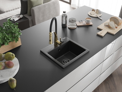 Mexen Milo évier en granit 1 bac avec robinet de cuisine Aster, noir - 6505-77-73450-57-B