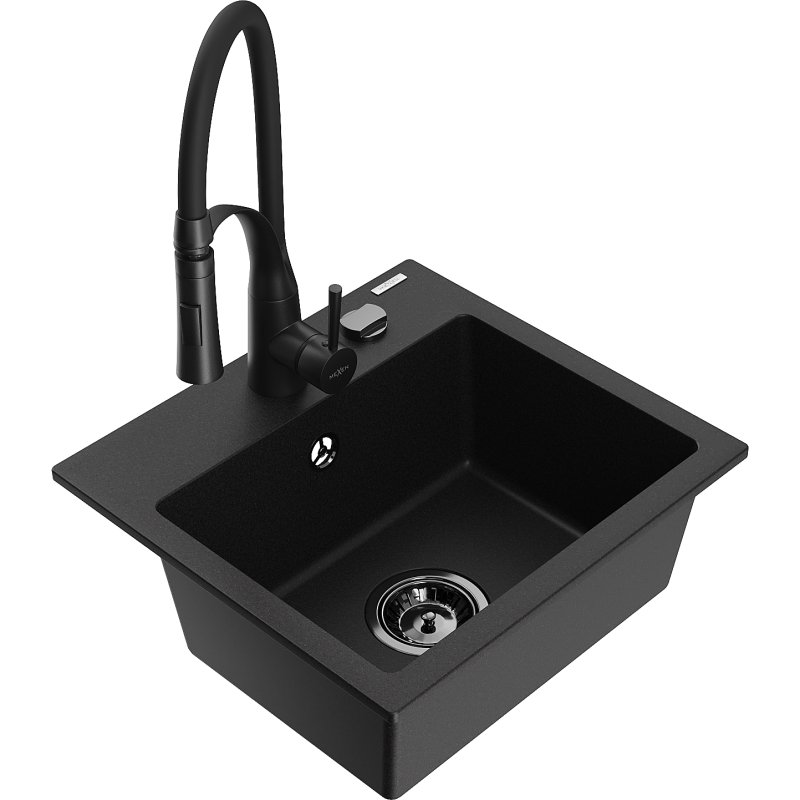 Mexen Milo évier en granit 1 bac avec robinet de cuisine Aster, noir - 6505-77-73450-70-B